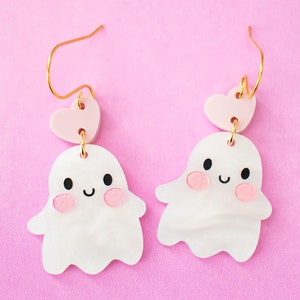 Cute Ghost Earrings Acrylic Dangles, Pink Halloween Earrings