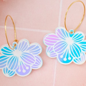 Retro Flower Hoop Earrings, Holographic Tulip Dangles