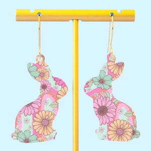Groovy Floral Bunny Earrings Easter Dangles, Easter Jewelry, Retro Statement Earrings