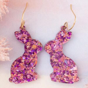 Bunny Earrings Easter Dangles, Pink & Purple Easter Jewelry, Rabbit Statement Earrings