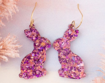 Bunny Earrings Easter Dangles, Pink & Purple Easter Jewelry, Rabbit Statement Earrings