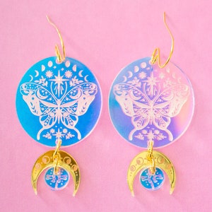 Himmlische Schmetterling Ohrringe, Mond Ohrringe, irisierende Ohrringe, Witchy Ohrringe, Geschenke für sie, Acryl Schmuck für Frauen