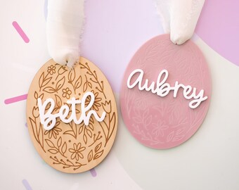 Flower Egg Easter Basket Tag, Personalized Easter Basket Tag, Wooden Easter Egg Tag, Acrylic Easter Name Tag, Easter Gift Tag