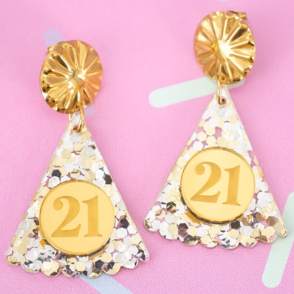 Custom Birthday Numbers Earrings, Gold Party Hat Birthday Statement Dangles, Birthday Gift For Her