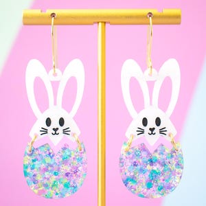 Pastel Bunny In Easter Egg Earrings Easter Dangles, Bunny Jewelry, Statement Earrings