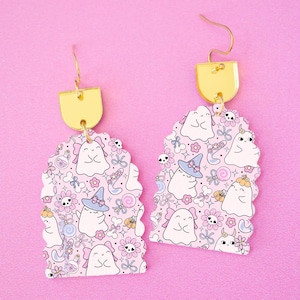 Cute Witchy Ghosts Earrings Acrylic Dangles, Cute Halloween Earrings, Pink Halloween Jewelry