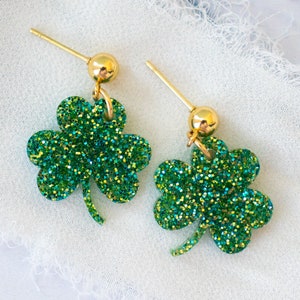St Patrick's Day Earrings Small Glitter Shamrock Dangles, Clover Earrings, St Patty's Day Gifts For Her image 3