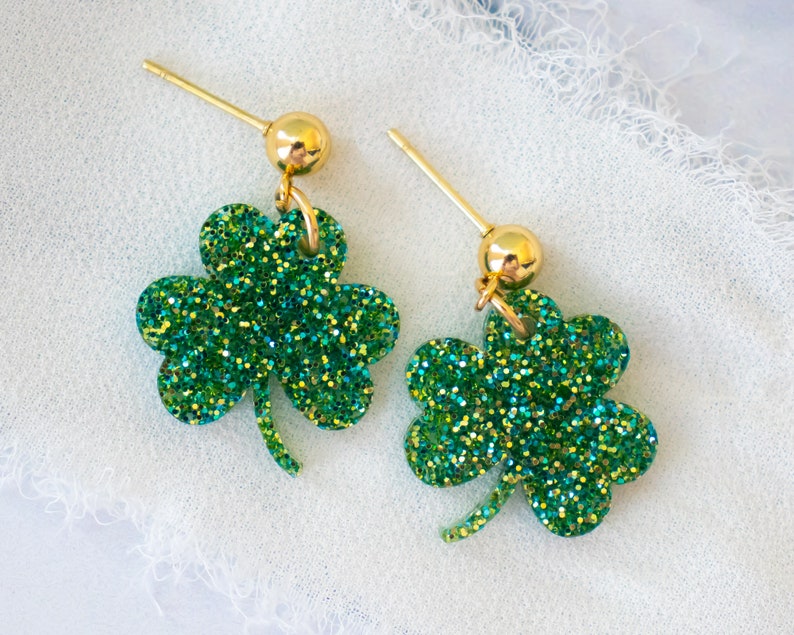 St Patrick's Day Earrings Small Glitter Shamrock Dangles, Clover Earrings, St Patty's Day Gifts For Her image 3