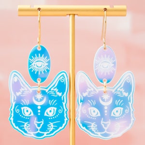 Cat Earrings, Celestial Jewelry, Iridescent Dangles, Witchy Earrings, Gifts For Her, Acrylic Jewelry For Women, Cat Mom