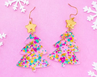 Christmas Tree Earrings Multi-Color, Acrylic Dangles, Festive Jewelry, Pink Christmas Tree, Holiday Earrings, Holiday Statement Earrings