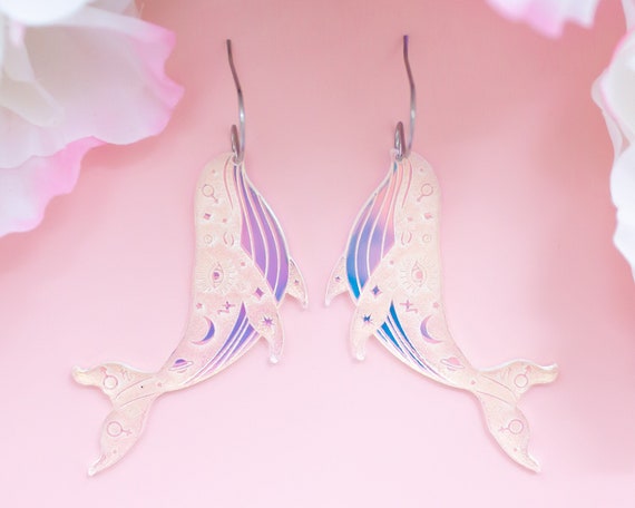 Whale Earrings, Celestial Jewelry, Iridescent Dangles, Witchy Earrings, Gifts For Her, Acrylic Jewelry For Women