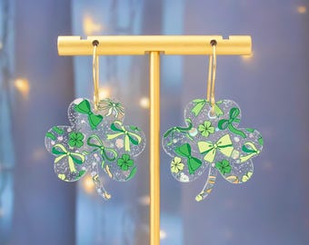 Bow Shamrock Earrings, St Patrick's Day Clover Dangles, Glitter Acrylic Jewelry