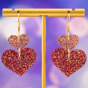 Valentine’s Day Glitter Heart Earrings, Stacked Heart Valentine&#39;s Earrings, Pink Heart Dangles