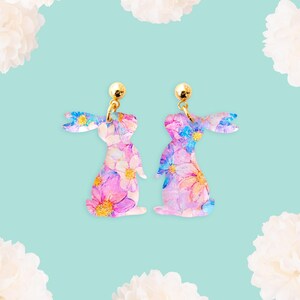 Small Pastel Flower Bunny Earrings Easter Dangles, Easter Jewelry, Statement Earrings, Rabbit Earrings