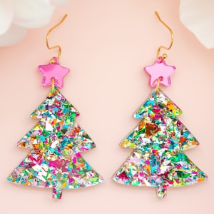 Christmas Tree Earrings Multi-Color, Acrylic Dangles, Festive Jewelry, Pink Christmas Tree, Holiday Earrings, Holiday Statement Earrings