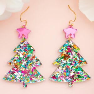 Christmas Tree Earrings Multi-Color, Acrylic Dangles, Festive Jewelry, Pink Christmas Tree, Holiday Earrings, Holiday Statement Earrings