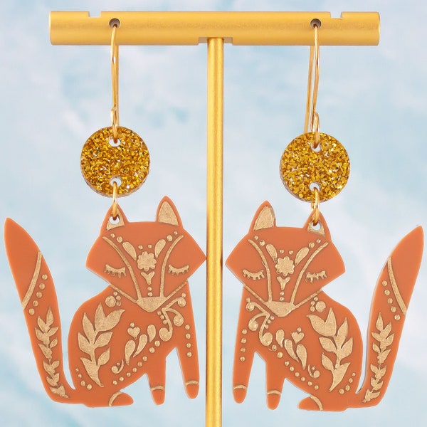 Fox Earrings, Acrylic Dangles, Woodland Earrings Dangle, Gift For Friend, Big Earrings, Boho Earrings