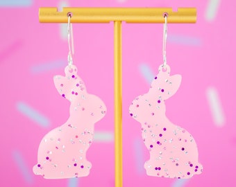 Pink Glitter Bunny Earrings Easter Dangles, Easter Jewelry, Statement Earrings