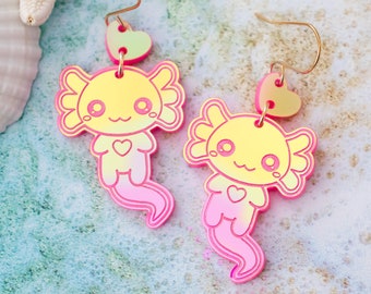 Axolotl Earrings, Amphibian Dangles, Holographic Pink Statement Earrings