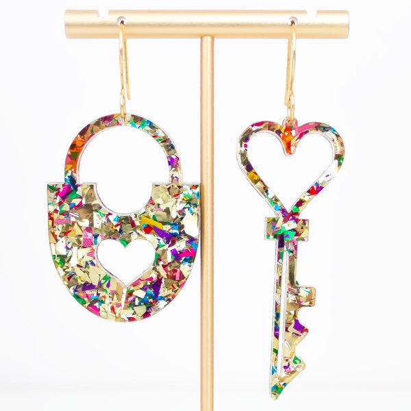 Valentines Earrings Lock and Key Dangles, Valentines Jewelry, Statement Earrings, Mismatch Earrings