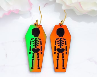 Skeleton Coffin Earrings, Holographic Halloween Earrings, Gothic Jewelry, Skull Earrings, Witchy Earrings