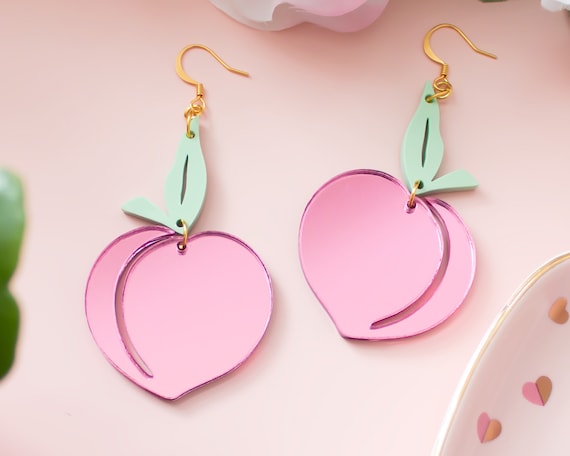 Pink Peach Earrings, Fruit Earrings, Fun Statement Earrings, Acrylic Jewelry
