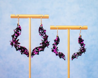 Pink & Black Glitter Bat Earrings, Halloween Earrings, Spooky Earrings Acrylic Dangles