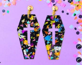 Glitter Coffin Dangle Earrings: Holographic Gothic Jewelry