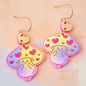 Mushroom Holographic Earrings, Cottagecore Jewelry, Woodland Earrings, Cute Jewelry