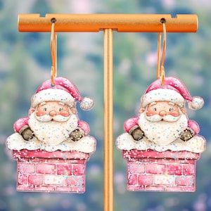 Santa Chimney Earrings, Glitter Pink Christmas Earrings, Vintage Santa Earrings, Holiday Statement Earrings
