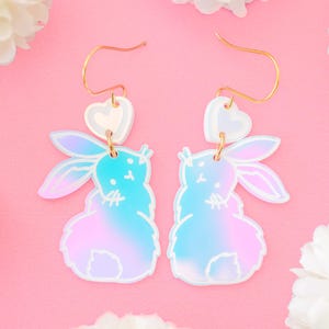 Holographic Bunny Easter Earrings, Rabbit Dangles, Rabbit Statement Earrings