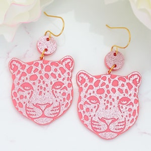 Pink Leopard Earrings, Acrylic Dangles, Animal Earrings Dangle, Gift For Friend, Big Bold Earrings, Fun Jewelry, Self Gift Jewelry