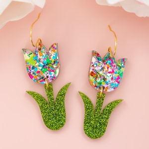 Tulpen Ohrringe, Multicolor Blume baumelt, Geschenk für Freund, Mutige Ohrringe, Spaß Schmuck, Geschenke für sie, Selbstgeschenk Schmuck