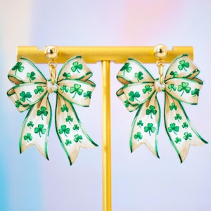 St Patrick&#39;s Day Earrings Bow Shamrock Dangles, Clover Earrings, St Patty&#39;s Day Gifts For Her