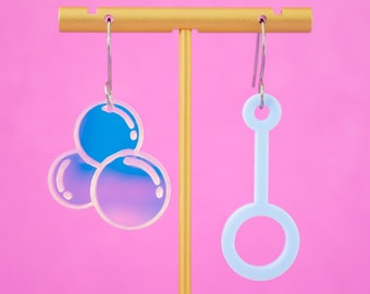 Holographic Bubble Wand Earrings: Mismatched Acrylic Dangles