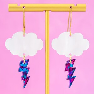 Cloud and Lightning Bolt Earrings, Celestial Earrings, Storm Weather Dangles, Gifts For Her, Acrylic Jewelry For Women