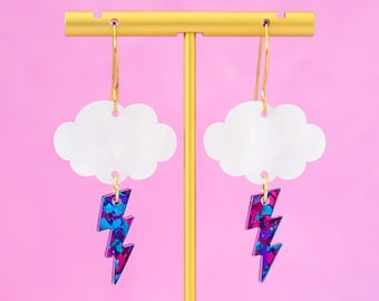 Cloud and Lightning Bolt Earrings, Celestial Earrings, Storm Weather Dangles, Gifts For Her, Acrylic Jewelry For Women