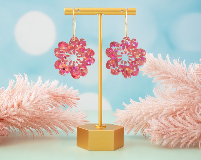 Cherry Blossom Hoop Earrings, Sakura Earrings, Holographic Flower Dangles, Spring Summer Jewelry image 2