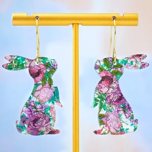 Floral Glitter Bunny Earrings Easter Dangles, Easter Jewelry, Statement Earrings