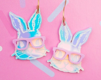 Easter Rabbit Earrings, Holographic Bunny Glasses Earrings
