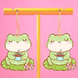 Frog With Coffee Earrings, Cute Animal Earrings, Coffee Lover Gift, Acrylic Dangles
