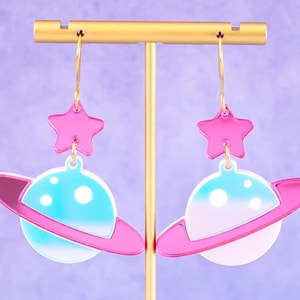 Holographic Saturn Earrings: Pink Iridescent Acrylic Dangles