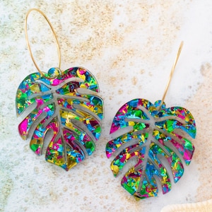 Glitter Monstera Hoop Earrings, Green Palm Leaf Earrings, Summer Jewelry