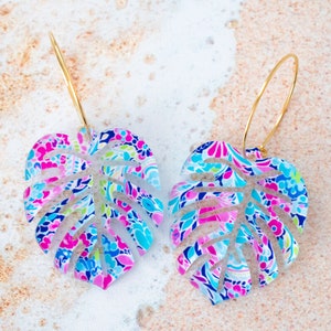 Monstera Earrings, Pink and Blue Palm Leaf Earrings, Summer Jewelry, Tropical Earrings