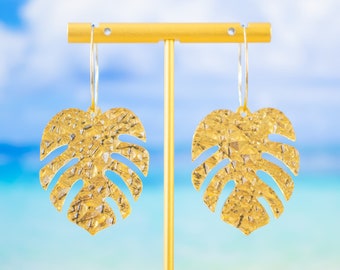 Gold Monstera Earrings, Palm Leaf Earrings, Summer Jewelry, Tropical Earrings