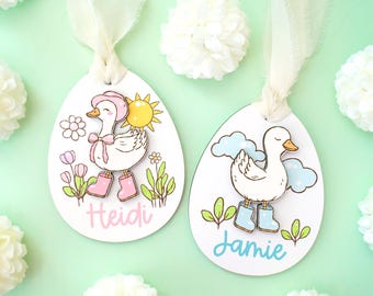 Personalized Goose Easter Basket Tag: White Wood Egg Decor