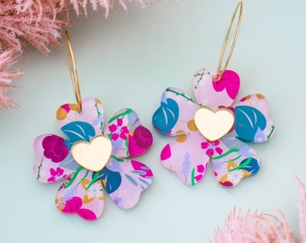 Retro Flower Earrings, Heart Daisy Hoops