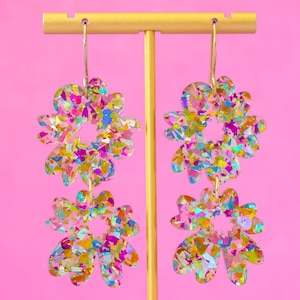 Glitter Flower Earrings, Boho Flower Earrings, Retro Dangles, Summer Earrings