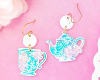 Tea Party Earrings, Tea Cup Earrings, Tea Pot Dangles, Tea Lover Gift, Statement Jewelry