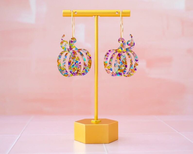 Glitter Pumpkin Hoop Earrings, Fall Earrings, Cottagecore Jewelry, Woodland Earrings, Halloween Earrings, Acrylic Dangles image 2